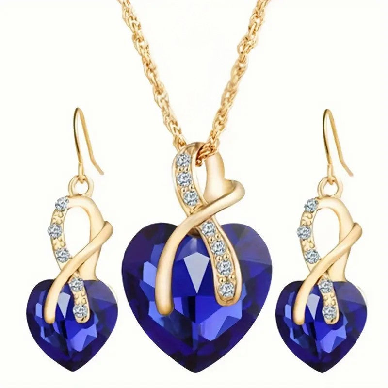 Collier et Boucles d'Oreilles en Saphir Doré en Forme de Cœur