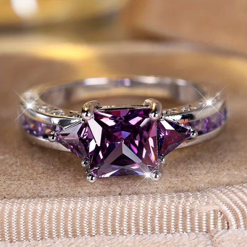 Bague Géométrique en Améthyste Argentée