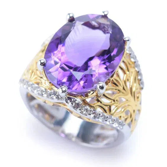 Bague Vintage en Verre Lilas avec Or & Argent