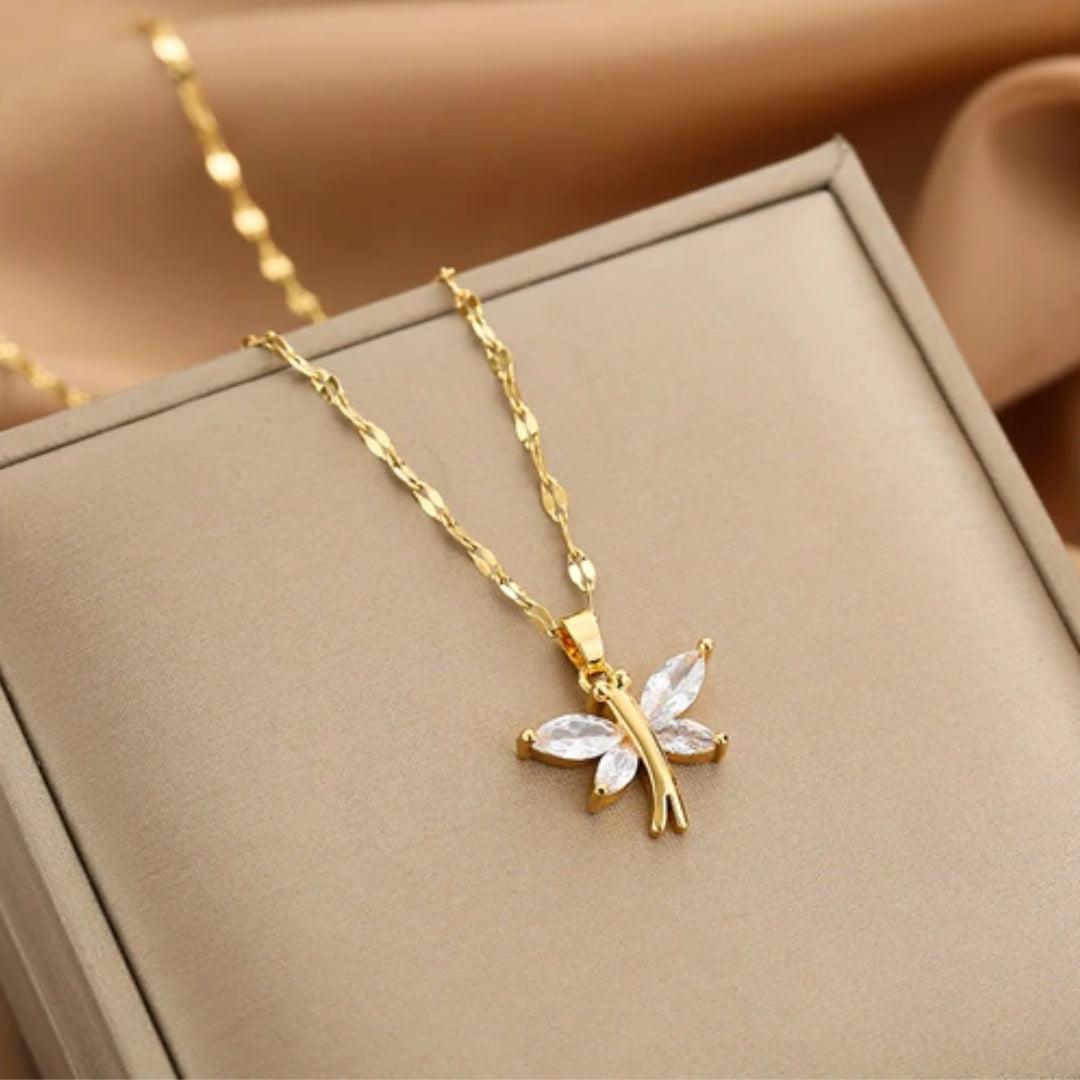 Collier Libellule en Cristal Doré