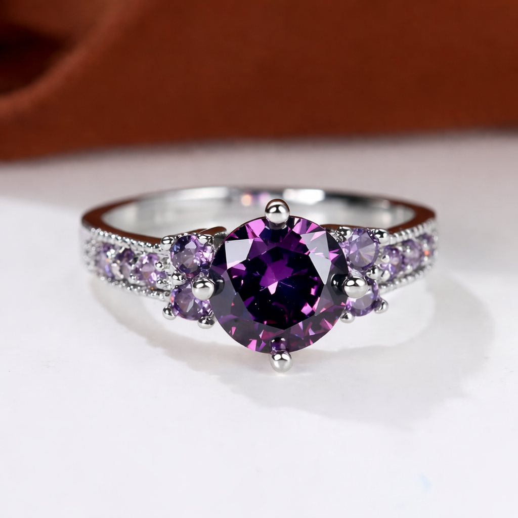 Bague en Argent avec Améthyste et Pierre Latérale