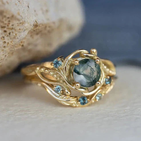 Bague en Pierre Naturelle Agate Mousse Ronde Dorée