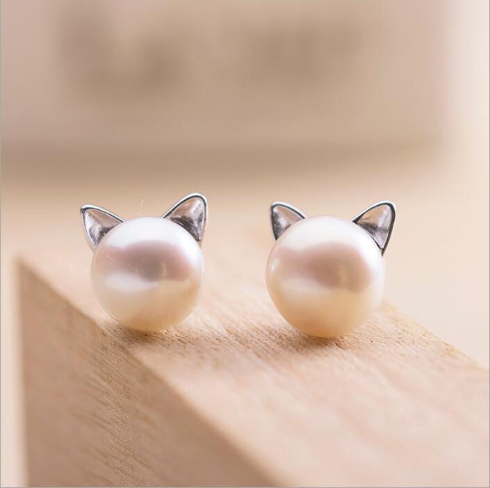 Boucles d'oreilles Chaton avec Perles de Culture et Argent
