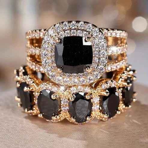 Ensemble de Bagues en Zirconia Noir et Or