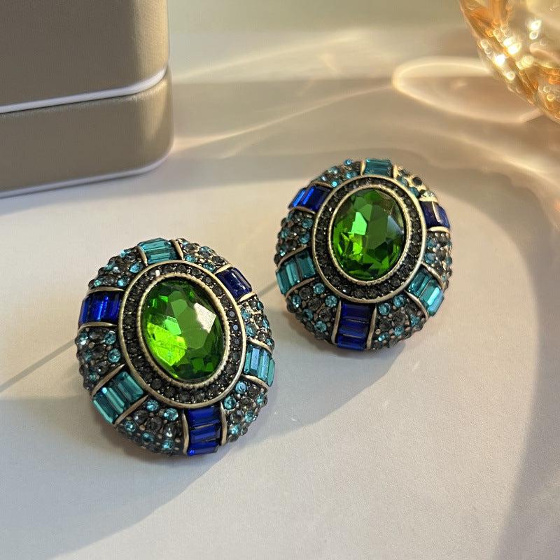 Boucles d'oreilles vintage avec cristal vert et zircon bleu
