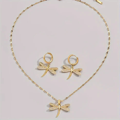 Collier en Bijoux Libellule Dorée avec Boucles d'Oreilles Bonus