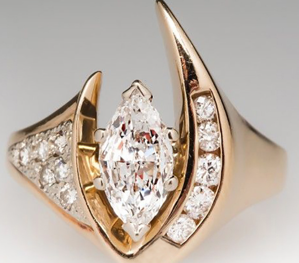 Bague Vintage Irégulière en Or & Argent Zirconia