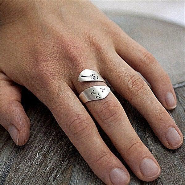 Bague en pissenlit ajustable sculptée à la main