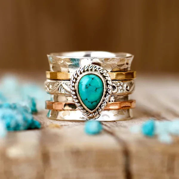 Offre 1+1 : Bague en Pierre Incrustée de Turquoise Vintage en Or et Argent + Boucles d'Oreilles en Pierre de Turquoise – Larmes Méditerranéennes