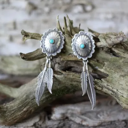 Boucles d'oreilles vintage en plumes et turquoise