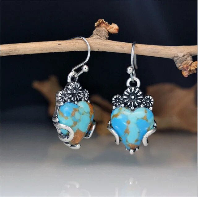 Boucles d'oreilles vintage cœur bleu et turquoise