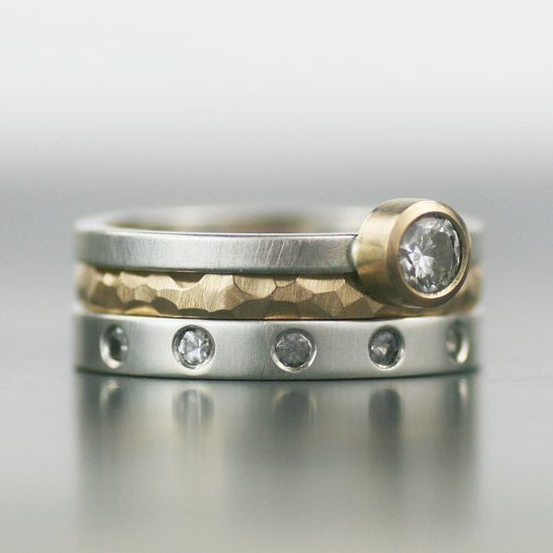 Bague en Zirconium Doré et Argenté Superposée