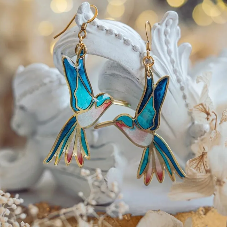 Boucles d'oreilles Colibri Vintage en Émail Bleu