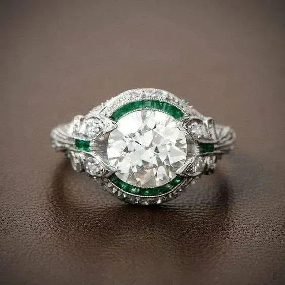 Bague Vintage en Verre Vert avec Zirconia Blanc