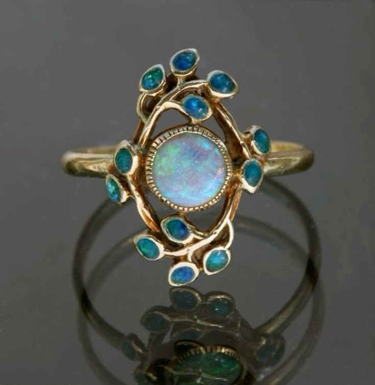 Bague Bleue Vintage avec Cristaux et Opale