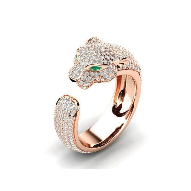 Bague Jaguar Ajustable en Argent 18K et Or Rose 18K avec Yeux en Zirconia Vert