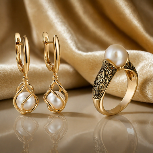 Offre 1+1 : Boucles d'oreilles en perles dorées élégantes + Bague vintage en or avec une perle fantaisie