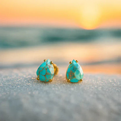 Offre 1+1 : Bague en Pierre Incrustée de Turquoise Vintage en Or et Argent + Boucles d'Oreilles en Pierre de Turquoise – Larmes Méditerranéennes