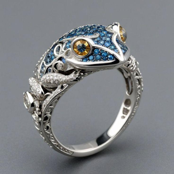 Bague Grenouille Vintage Bleue Brillante en Argent Sterling