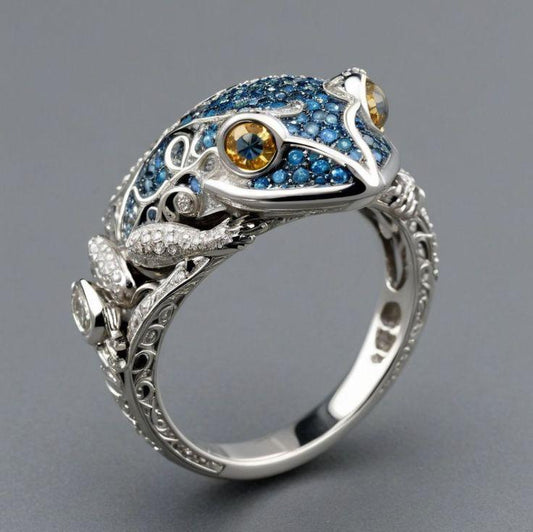 Bague Grenouille Vintage Bleue Brillante en Argent Sterling