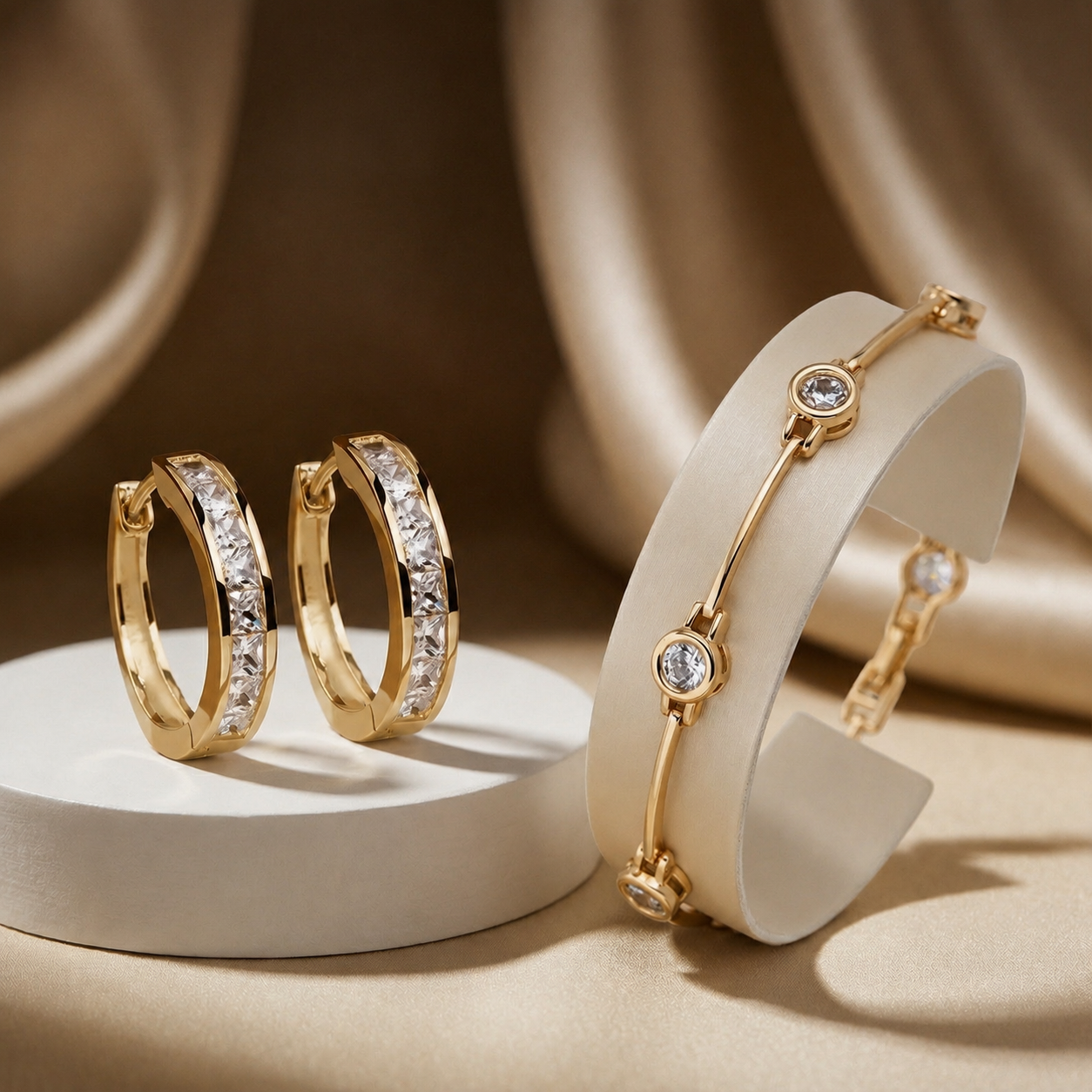Offre 1+1 : Boucles d'oreilles en or et cristal élégantes + Bracelet élégant avec zirconias en or