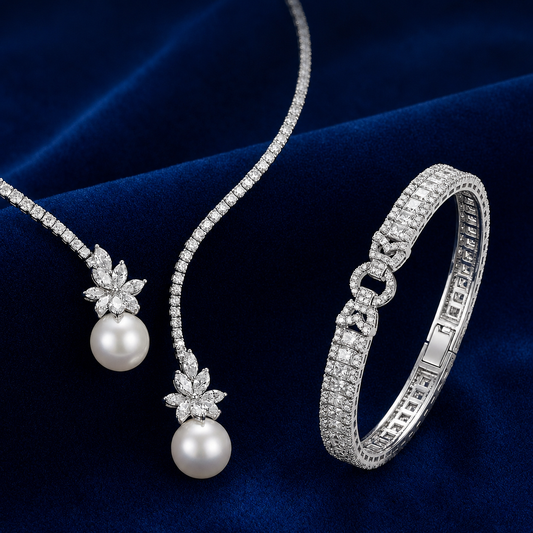 Offre 1+1 : Collier élégant brillant avec perles en argent + Bracelet en saphir blanc taille émeraude