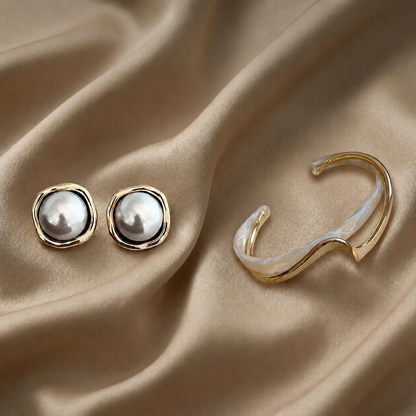 Offre 1+1 : Bracelet élégant en opale blanche + Boucles d'oreilles élégantes en perles noires