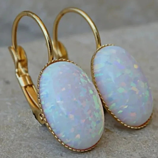 Boucles d'Oreilles Vintage en Opale Blanche et Or