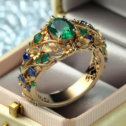 Bague en Or avec Cristaux Verts et Bleus