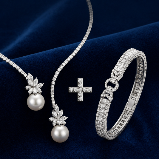 Offre 1+1 : Collier élégant brillant avec perles en argent + Bracelet en saphir blanc taille émeraude