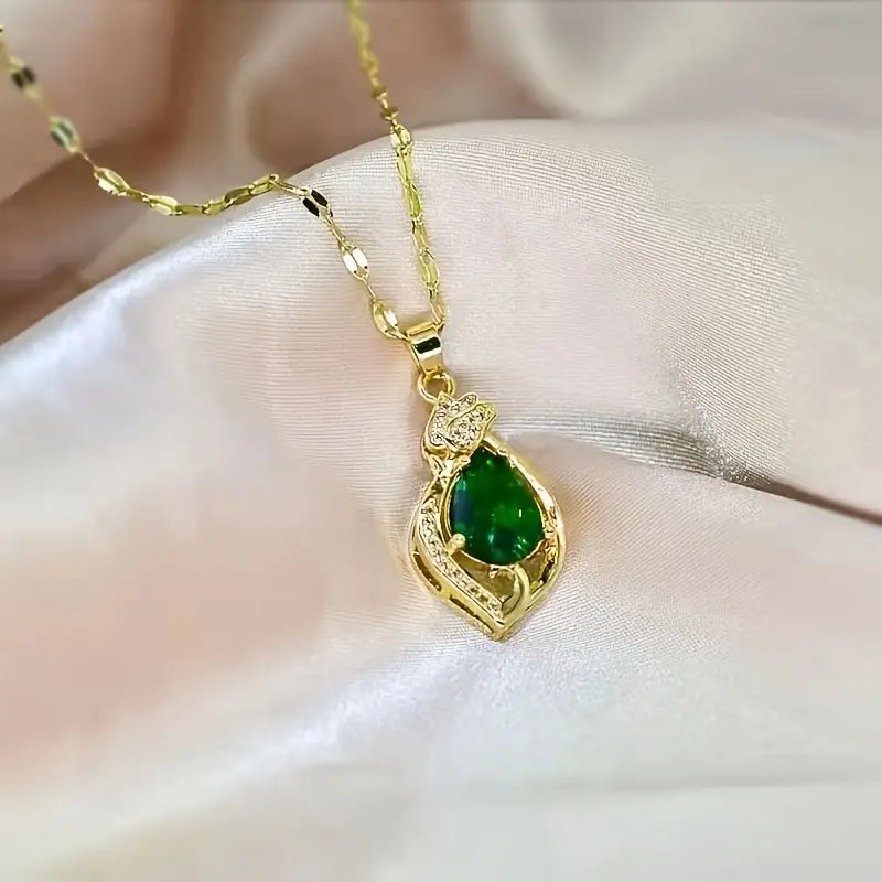 Collier Pendentif Goutte d'Eau en Émeraude Dorée