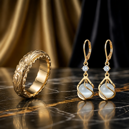 Offre 1+1 : Bague en or vintage avec motif naturel + Boucles d'oreilles dorées en opale blanche vintage