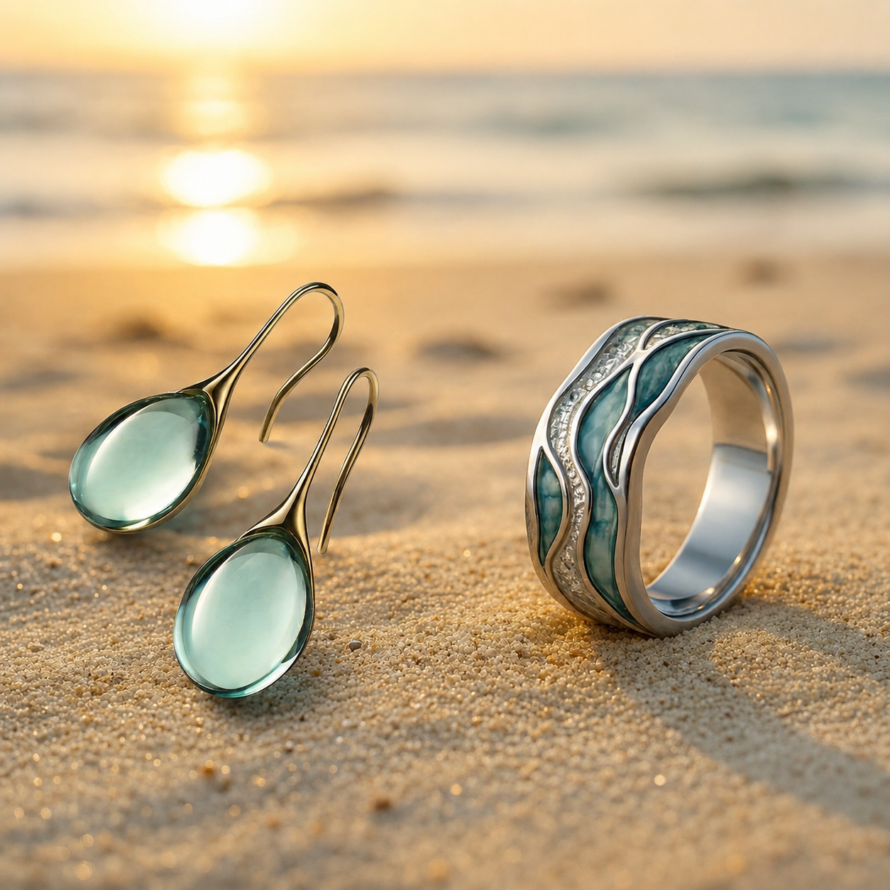 Offre 1+1 : Bague Aurora Ocean Beach Wave + Boucles d'oreilles en cristal dorées et argentées