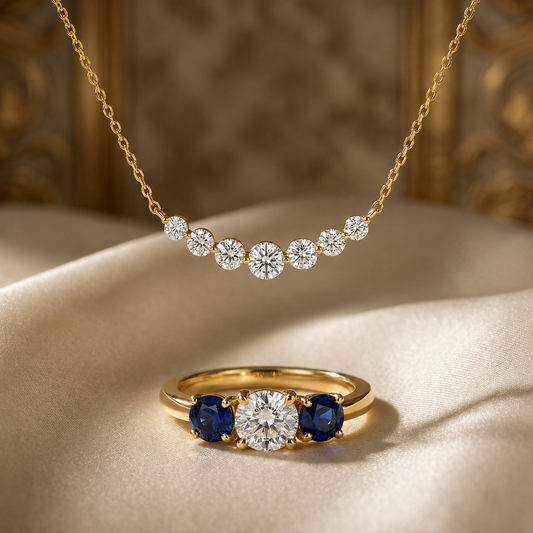 Offre 1+1 : Bague de fiançailles en saphir blanc et bleu à trois pierres en taille coussin pour femmes + Collier en or avec saphir blanc en taille ronde