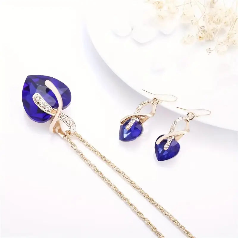 Collier et Boucles d'Oreilles en Saphir Doré en Forme de Cœur