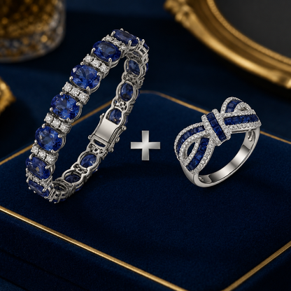 Offre 1+1 : Bracelet en Tanzanite Bleue Taillé Ovale & Rond + Bague de Mariage en Saphir Bleu Taillé Rond avec Nœud