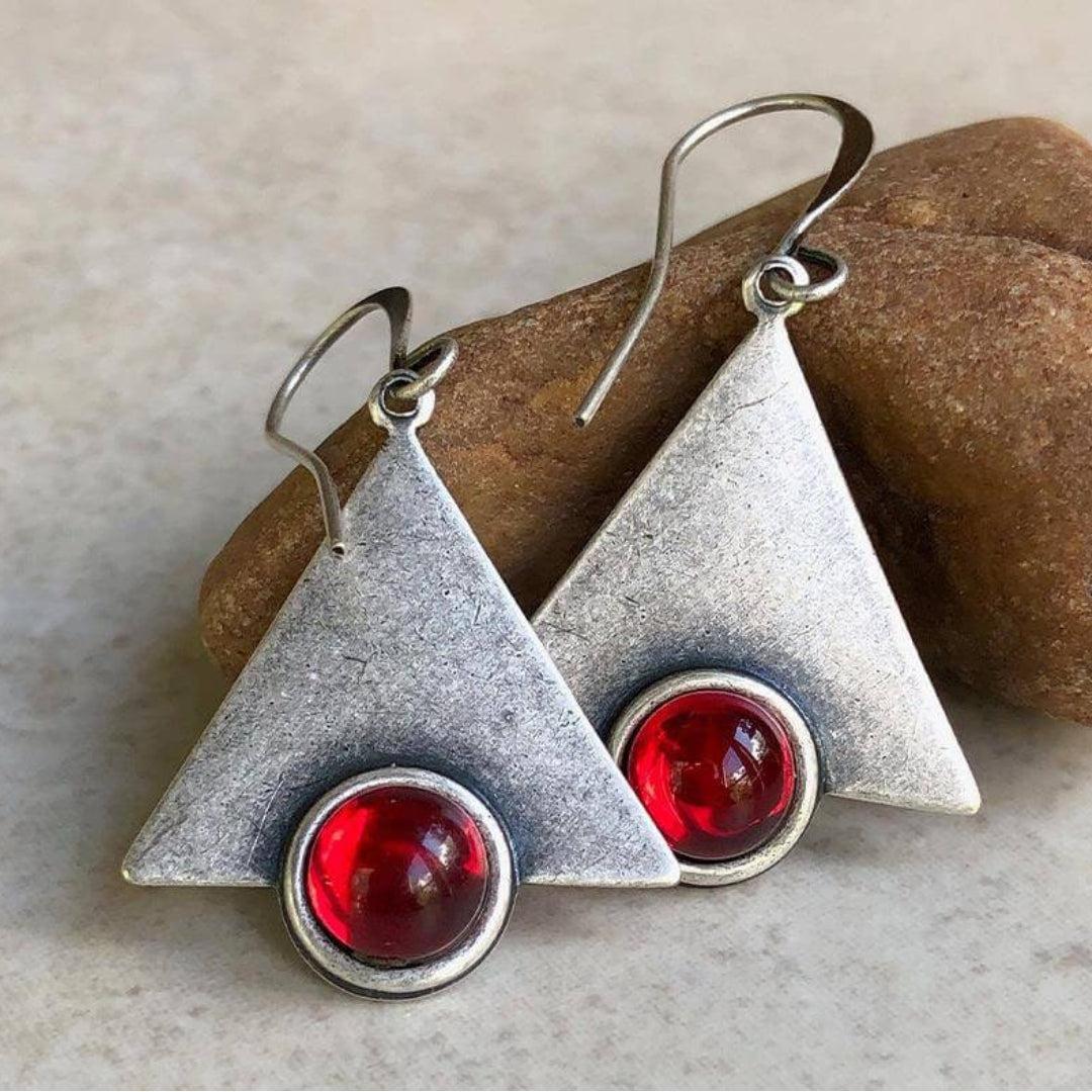 Boucles d'oreilles triangulaires Boho avec pierres rouges en argent sterling