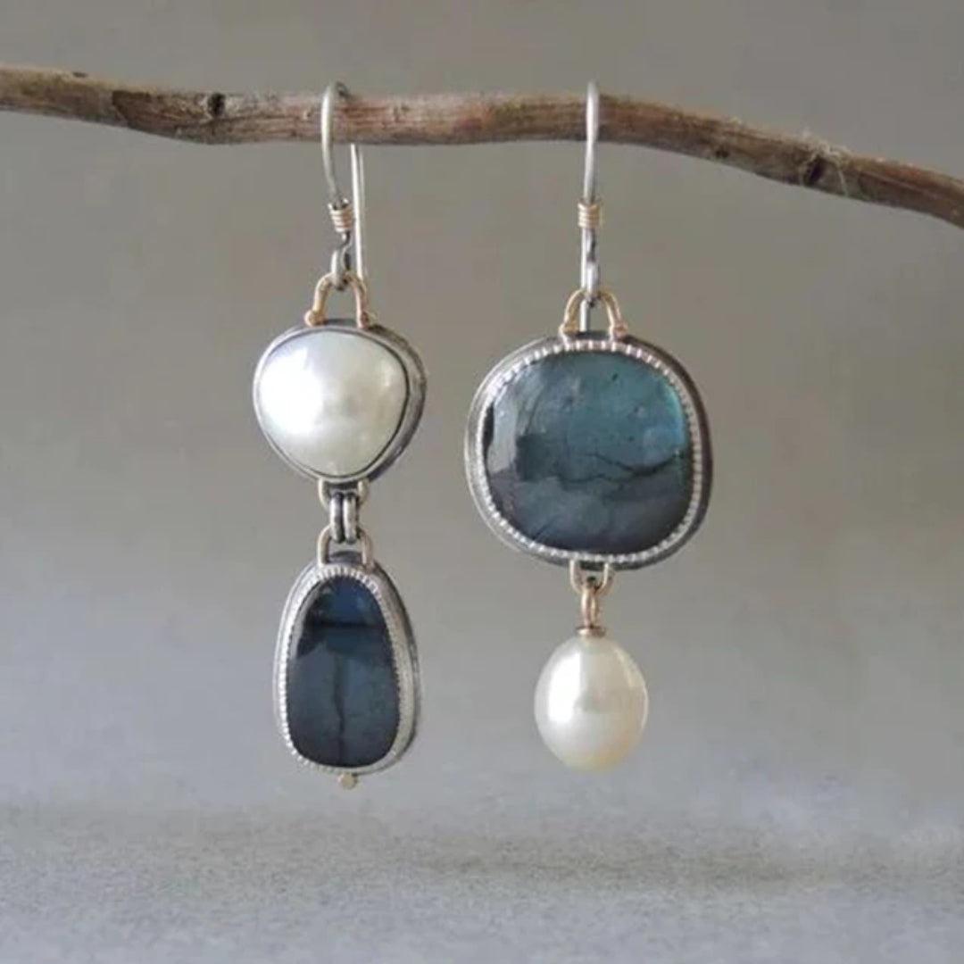Boucles d'oreilles en pierre naturelle bleue vintage avec perles