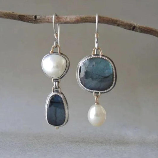 Boucles d'oreilles en pierre naturelle bleue vintage avec perles