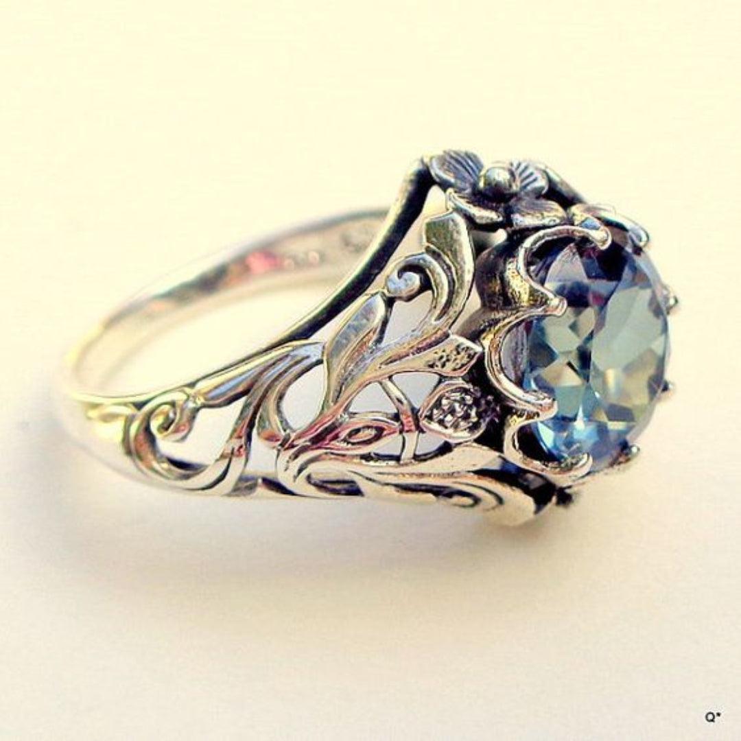 Bague en Argent avec Verre Bleu Vintage