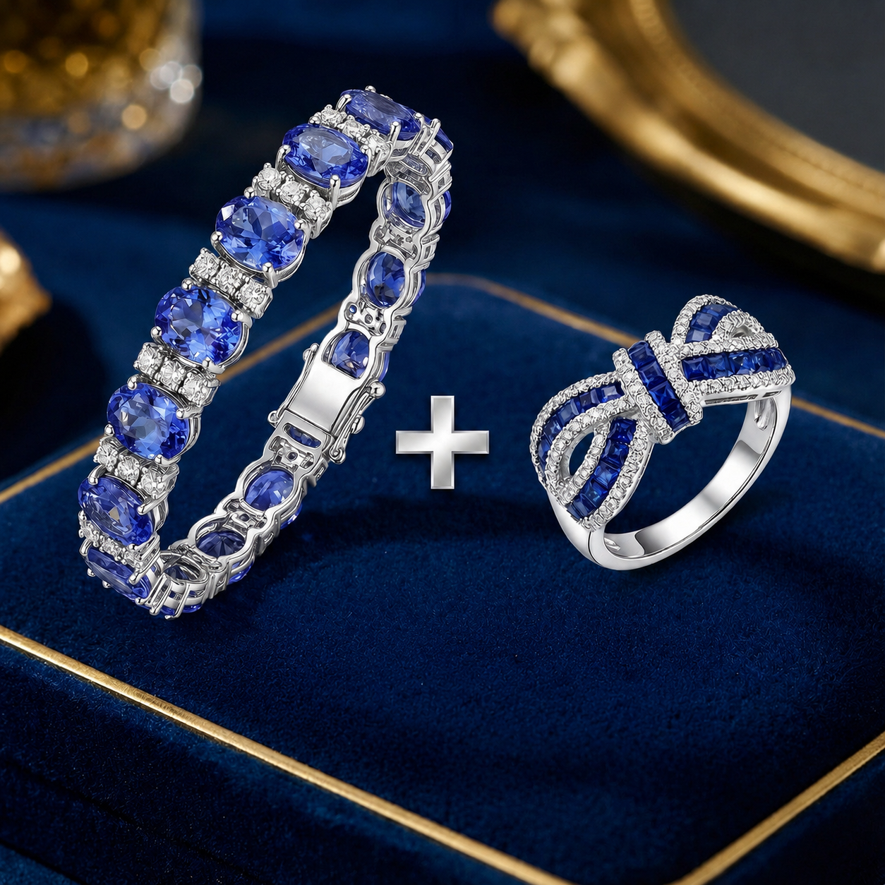 Offre 1+1 : Bracelet en Tanzanite Bleue Taille Ovale & Ronde + Bague de Mariage en Saphir Bleu Taille Ronde
