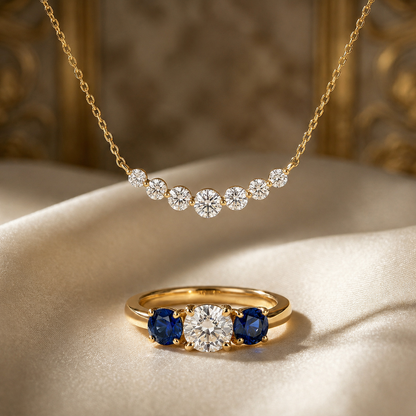 Offre 1+1 : Bague de mariage en or avec trois pierres en saphir blanc et bleu taille coussin pour femmes + Collier en or avec saphir blanc taille ronde