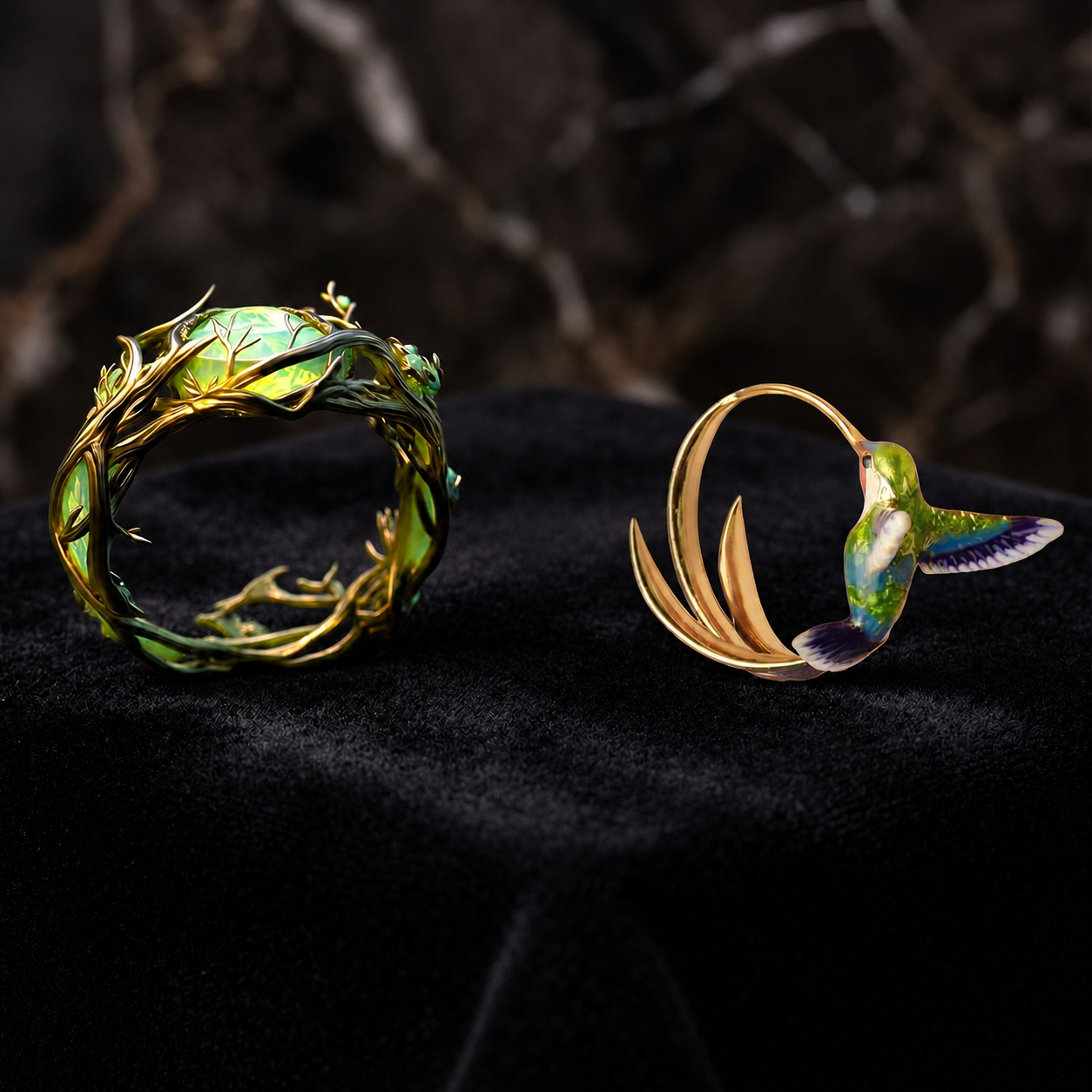 Offre 1+1 : Boucles d'oreilles créoles en émail vintage avec colibri + Bague en opale verte naturelle