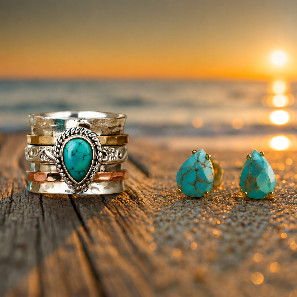 Offre 1+1 : Bague en Pierre Incrustée de Turquoise Vintage en Or et Argent + Boucles d'Oreilles en Pierre de Turquoise – Larmes Méditerranéennes