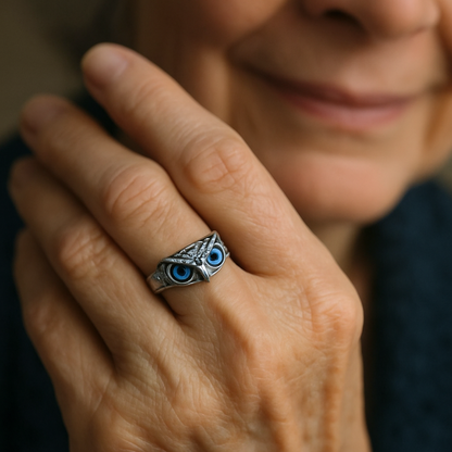 Bague ajustable Hibou de bonne chance en argent et opale