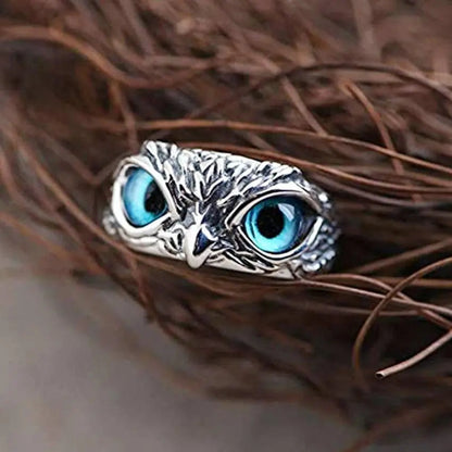 Bague ajustable Hibou de bonne chance en argent et opale