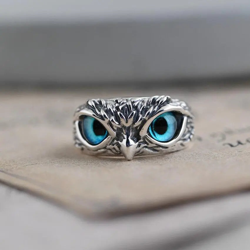 Bague ajustable Hibou de bonne chance en argent et opale