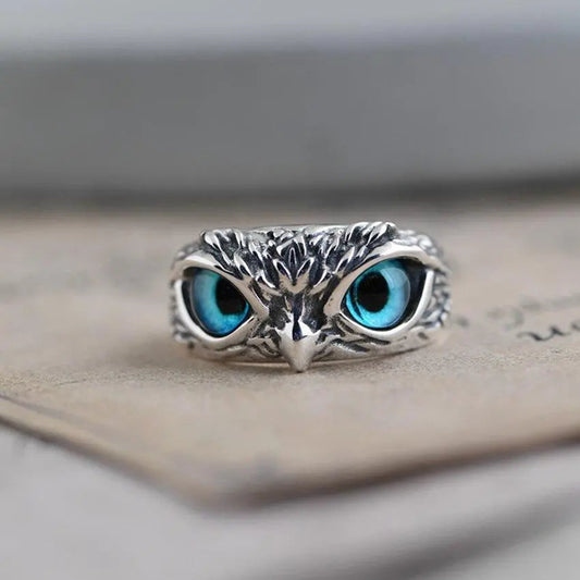 Bague ajustable Hibou de bonne chance en argent et opale