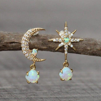 Offre : Boucles d'oreilles Lune et Étoile en Or et Opale