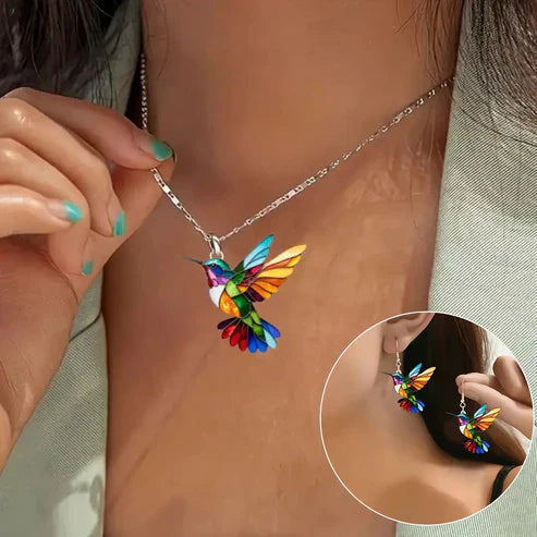 Magnifique Collier Colibri avec Boucles d'Oreilles Bonus